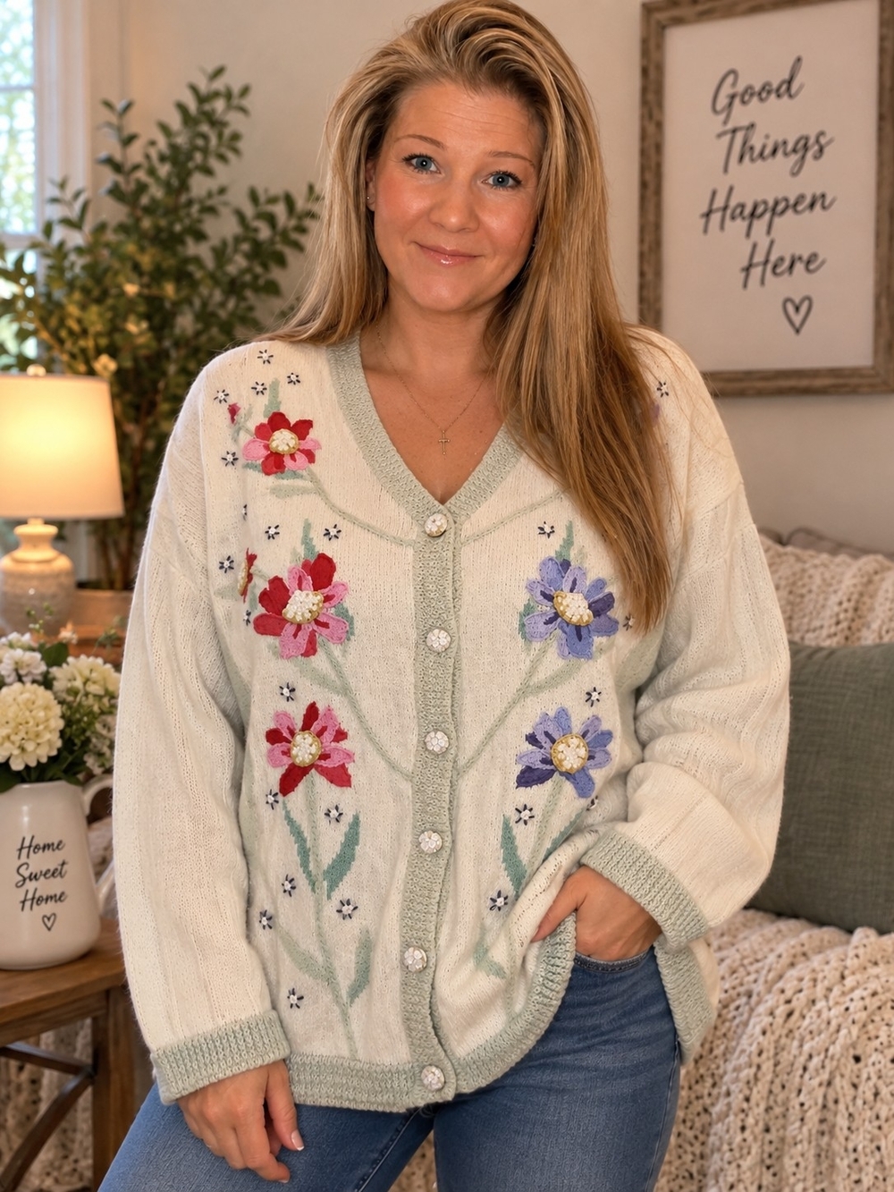 Floral Embroidered Cardigan in Cream & Sage Green